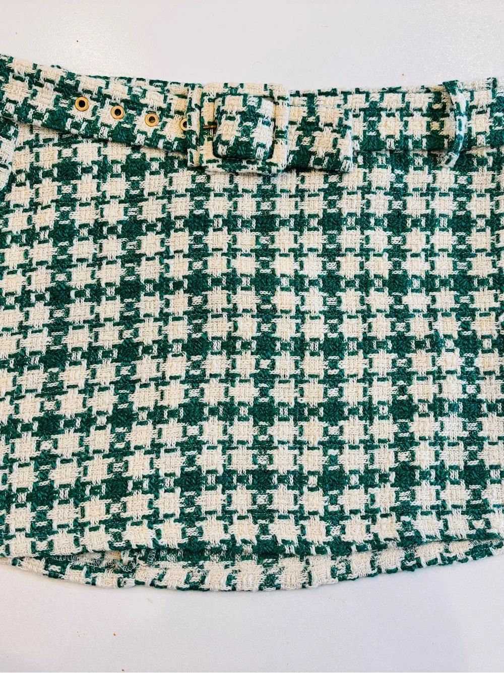 ZARA Green and Cream Houndstooth Tweed Mini Skirt with Eyelet Belt size XL - Picture 3 of 11